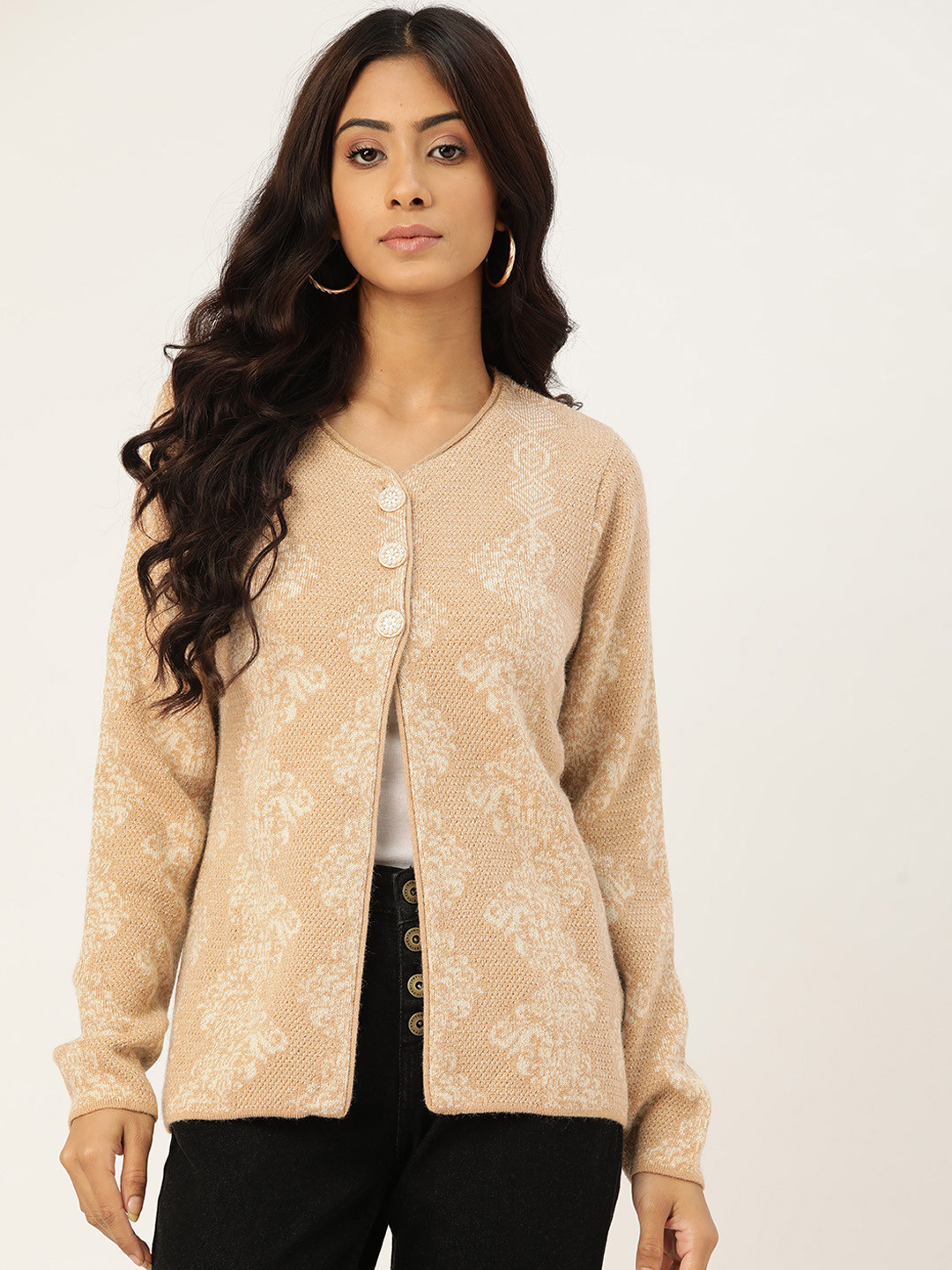 

Madame Women Beige & Off-White Self-Design Cardigan