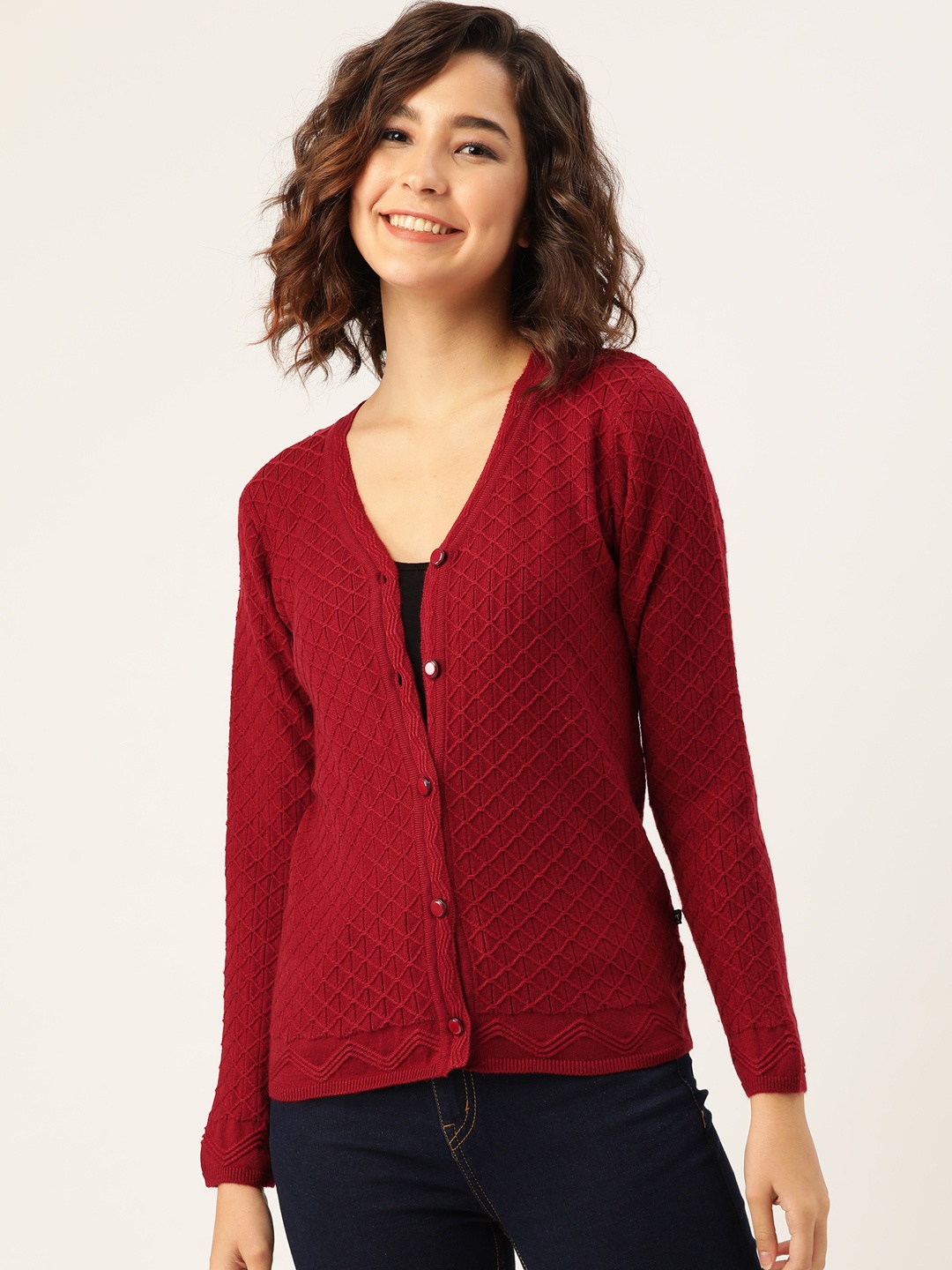 

Madame Women Maroon Checked Cardigan