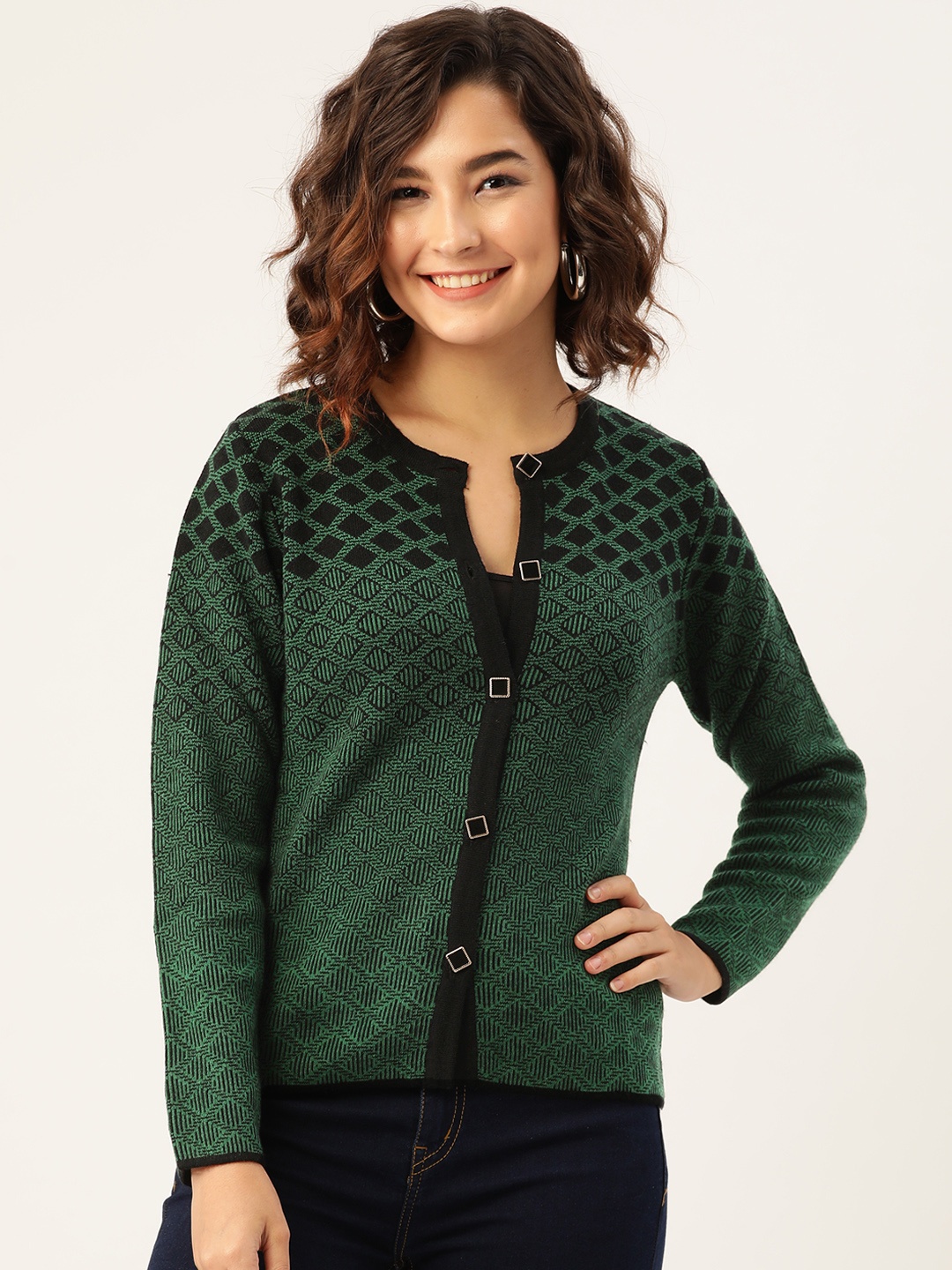 

Madame Women Green & Black Woven Design Geometric Cardigan