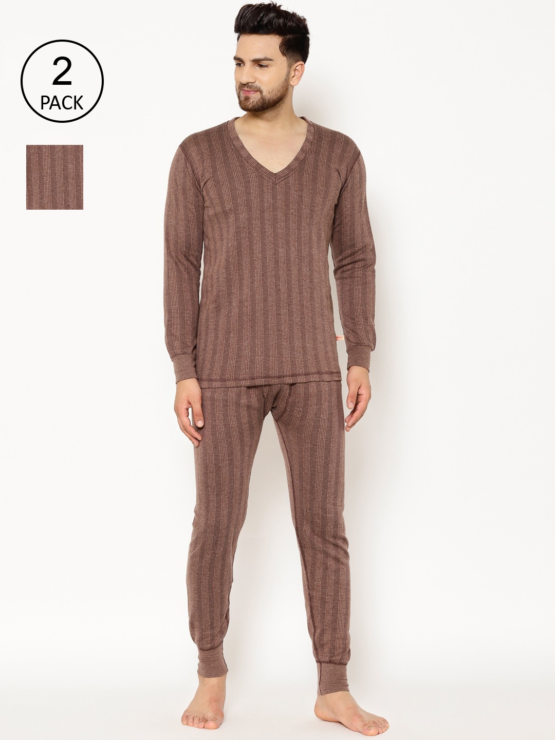 

VIMAL JONNEY Men Pack Of 2 Brown Striped Thermal Set