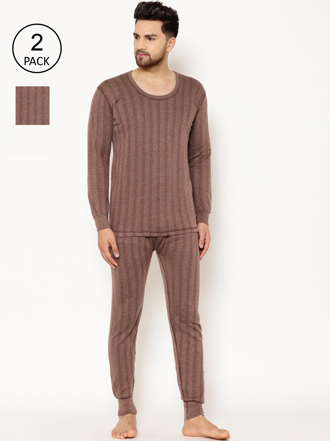 

VIMAL JONNEY Men Pack Of 2 Brown Striped Thermal Set