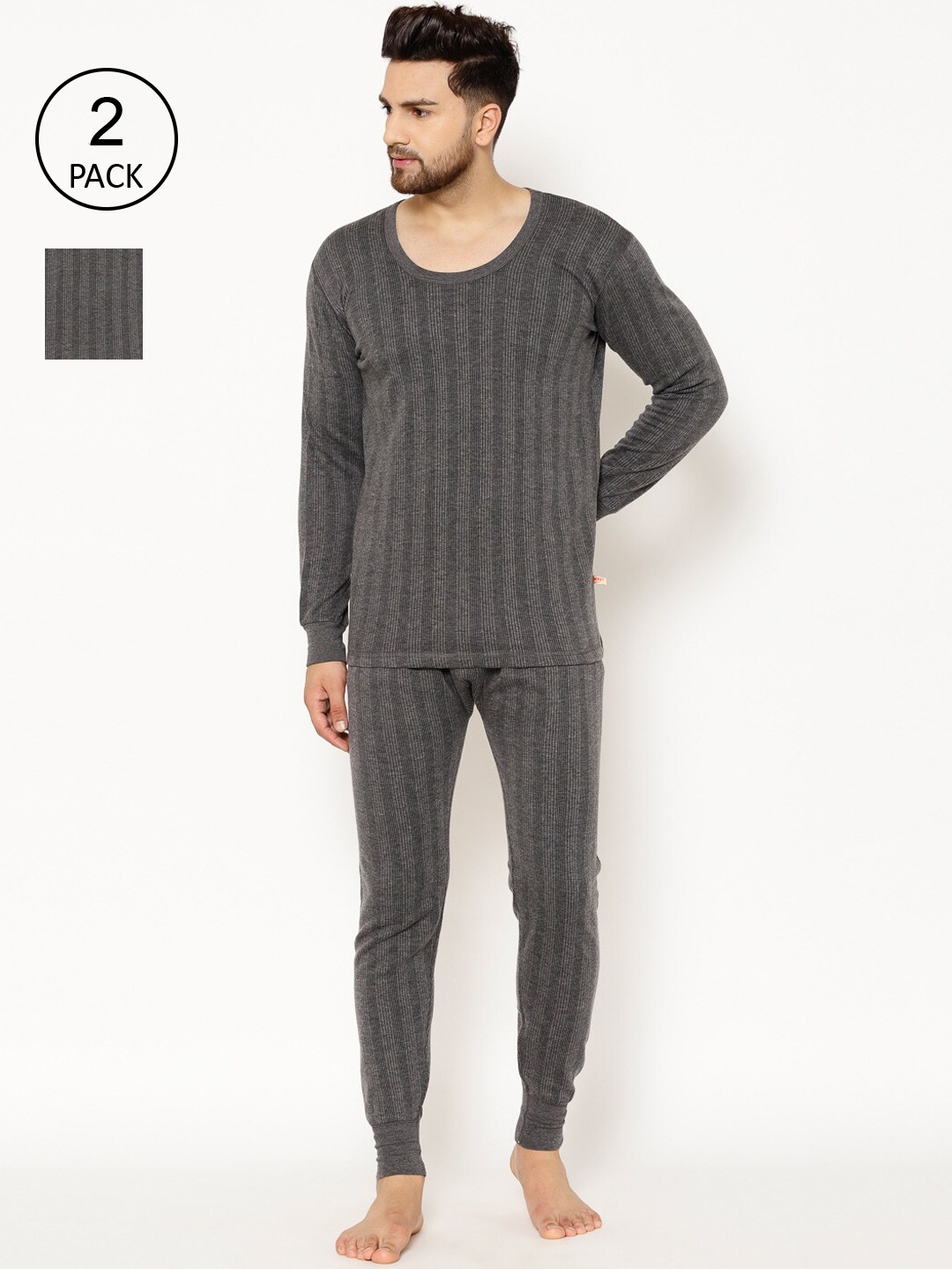 

VIMAL JONNEY Men Pack Of 2 Grey Striped Thermal Set