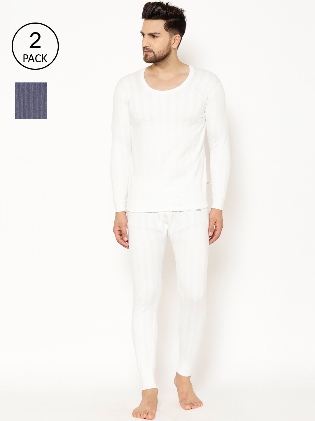 

VIMAL JONNEY Men Pack Of 2 Striped Thermal Set, White