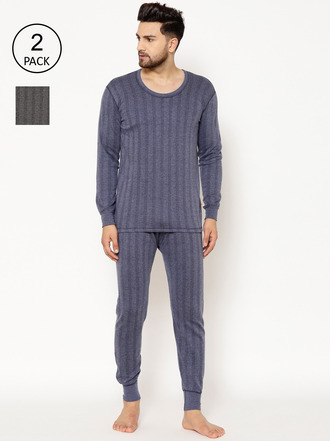 

VIMAL JONNEY Men Pack Of 2 Striped Thermal Set, Navy blue