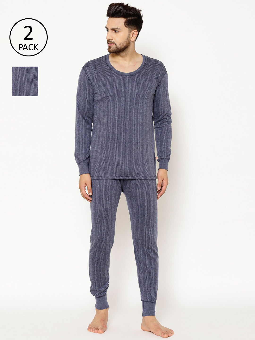 

VIMAL JONNEY Men Pack Of 2 Navy Blue Striped Thermal Set