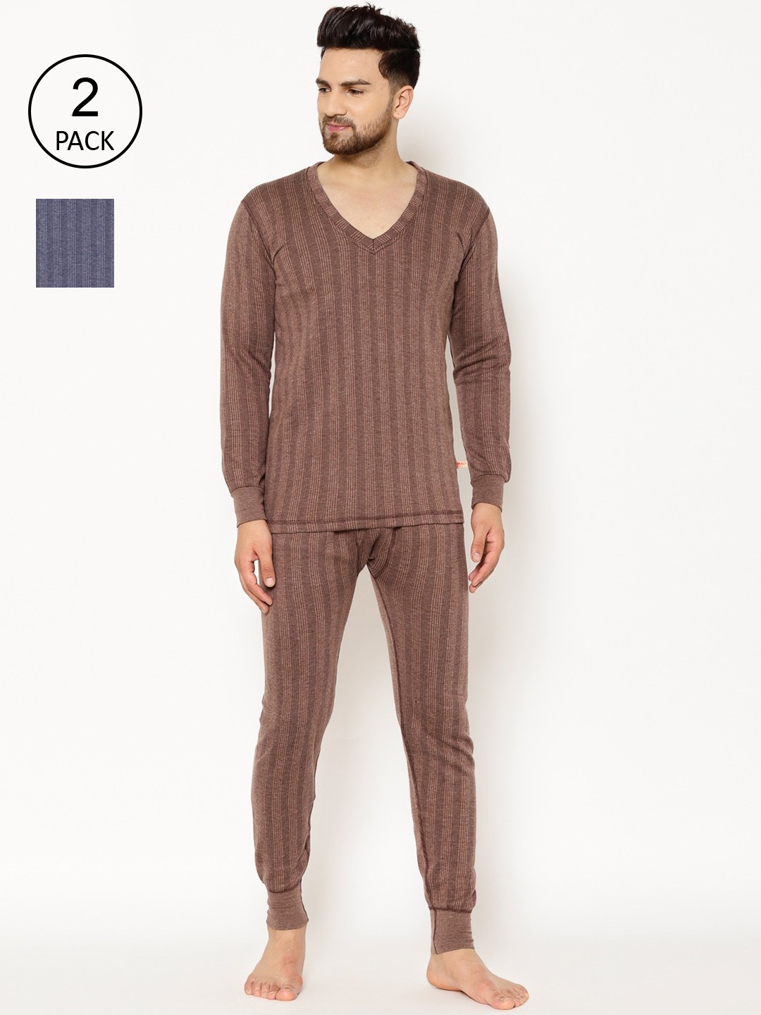 

VIMAL JONNEY Men Pack Of 2 Brown & Blue Striped Thermal Set