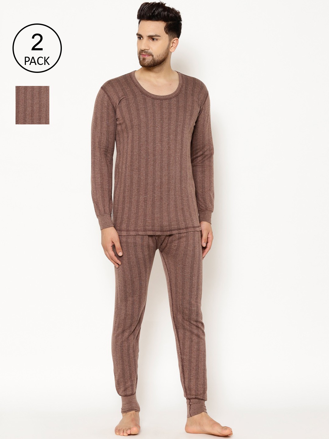 

VIMAL JONNEY Men Pack Of 2 Brown Striped Thermal Set