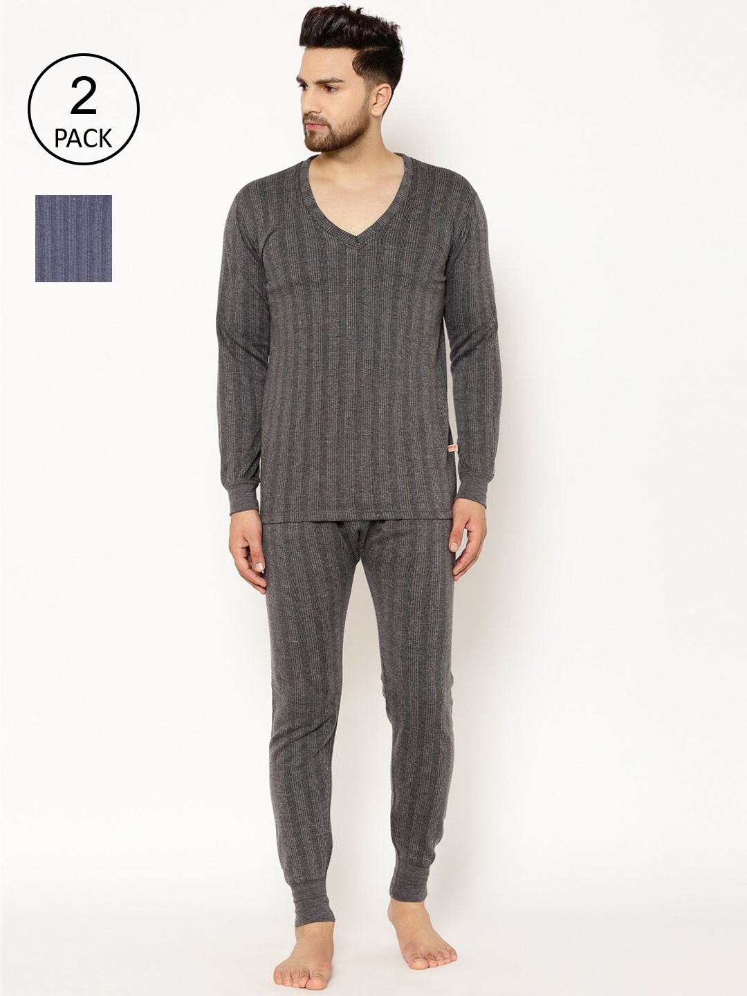 

VIMAL JONNEY Men Pack Of 2 Striped Thermal Set, Black