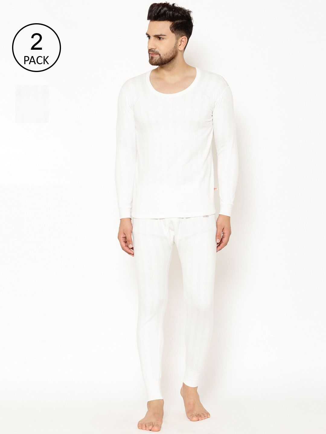 

VIMAL JONNEY Men Pack Of 2 White Striped Thermal Set