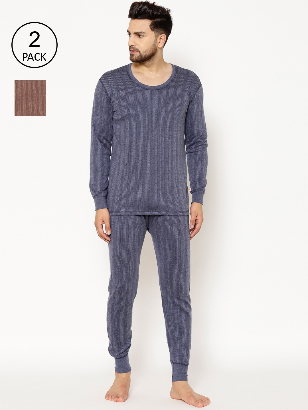 

VIMAL JONNEY Men Pack Of 2 Striped Thermal Set, Navy blue
