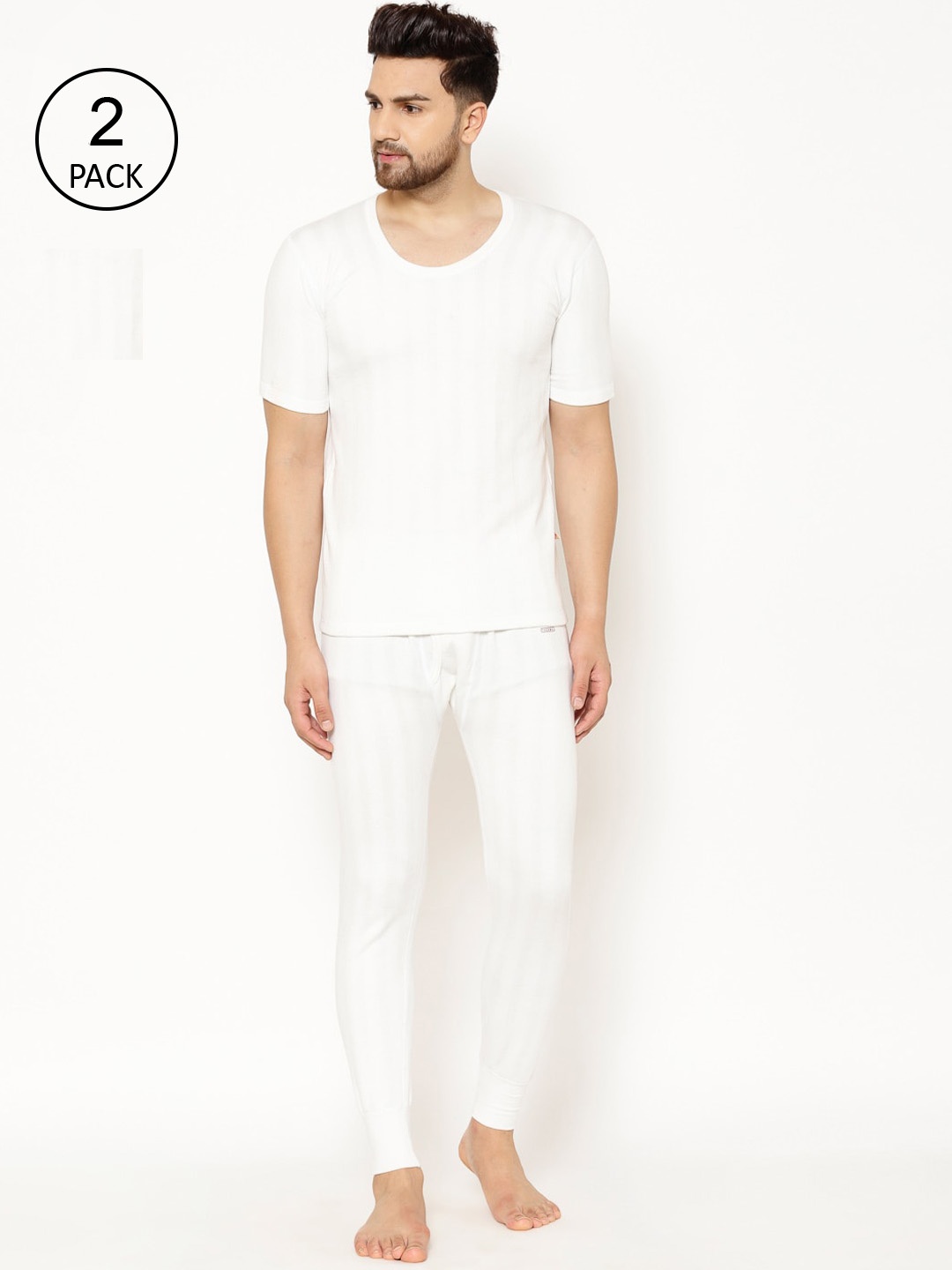 

VIMAL JONNEY Men Pack Of 2 White Striped Thermal Set