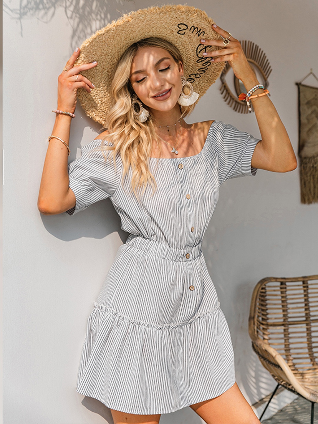 

URBANIC White & Grey Striped Off-Shoulder Fit & Flare Dress