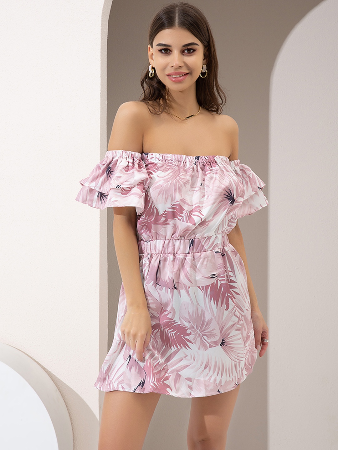 

URBANIC Pink & White Tropical Print Off-Shoulder A-Line Dress