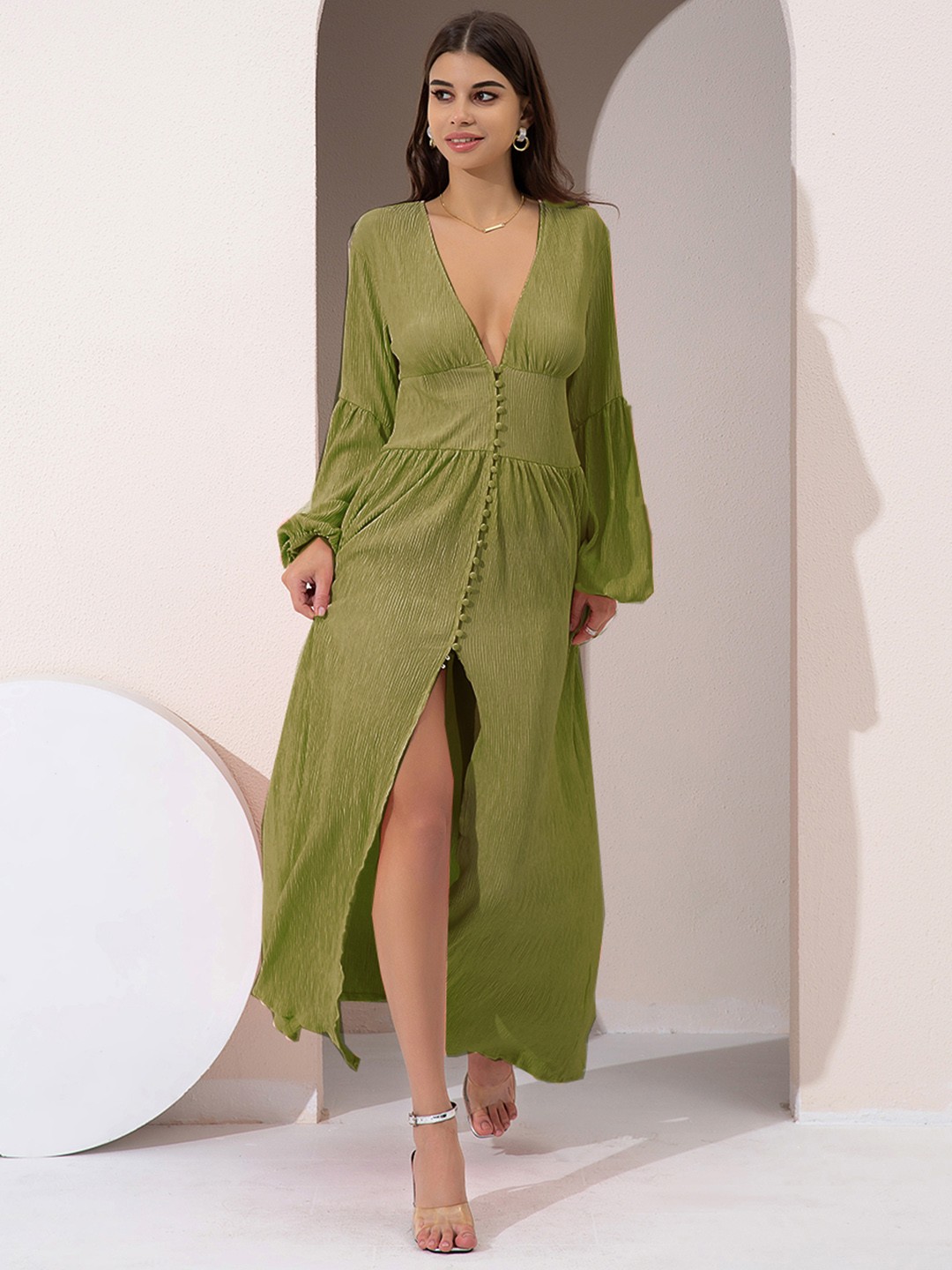 

URBANIC Olive Green Shirring Detail Plunge V-Neck Maxi Dress