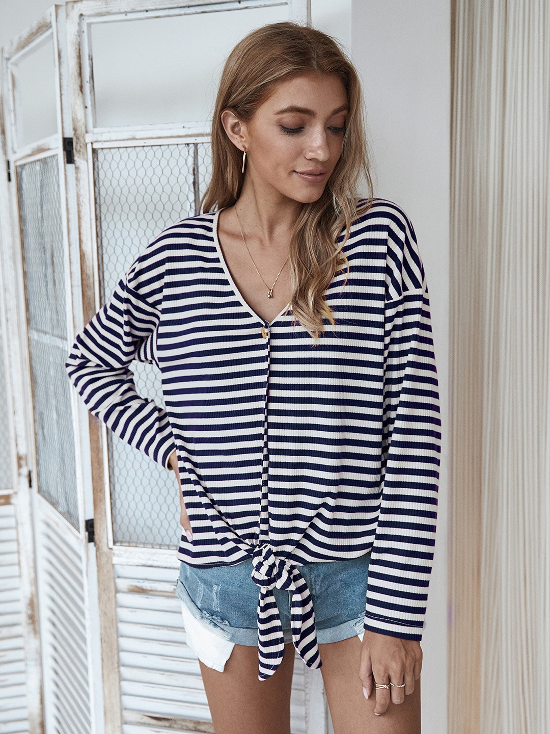 

URBANIC Women Navy Blue & White Striped Cardigan