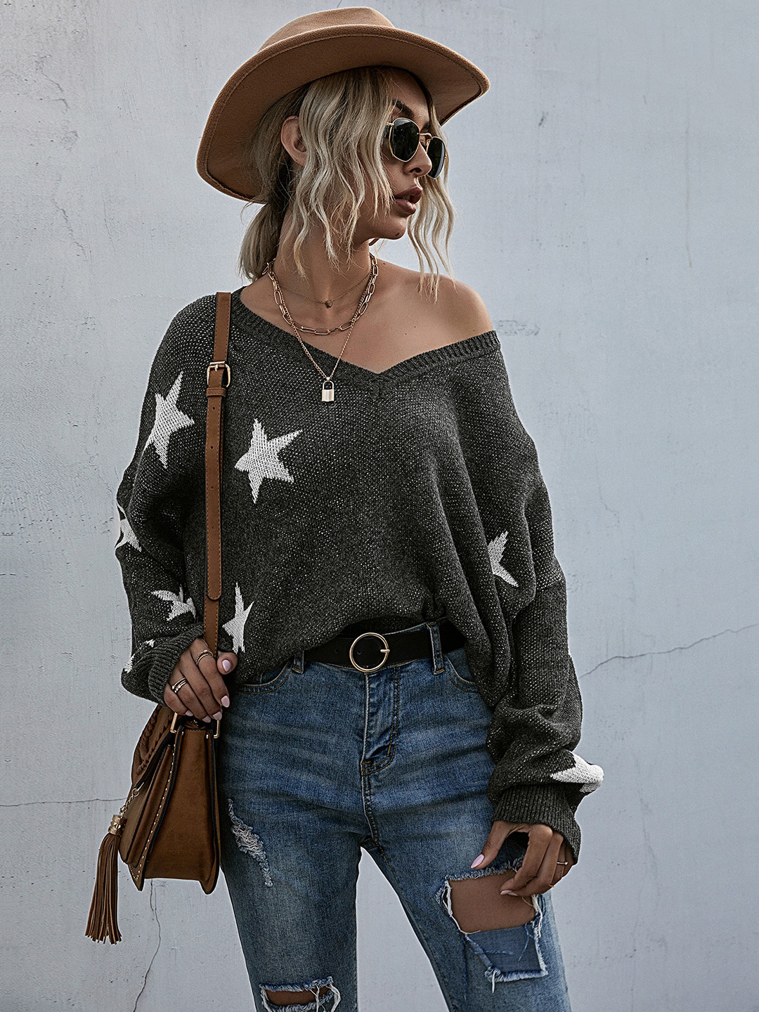 

URBANIC Women Charcoal Grey & White Star Patterned Pullover