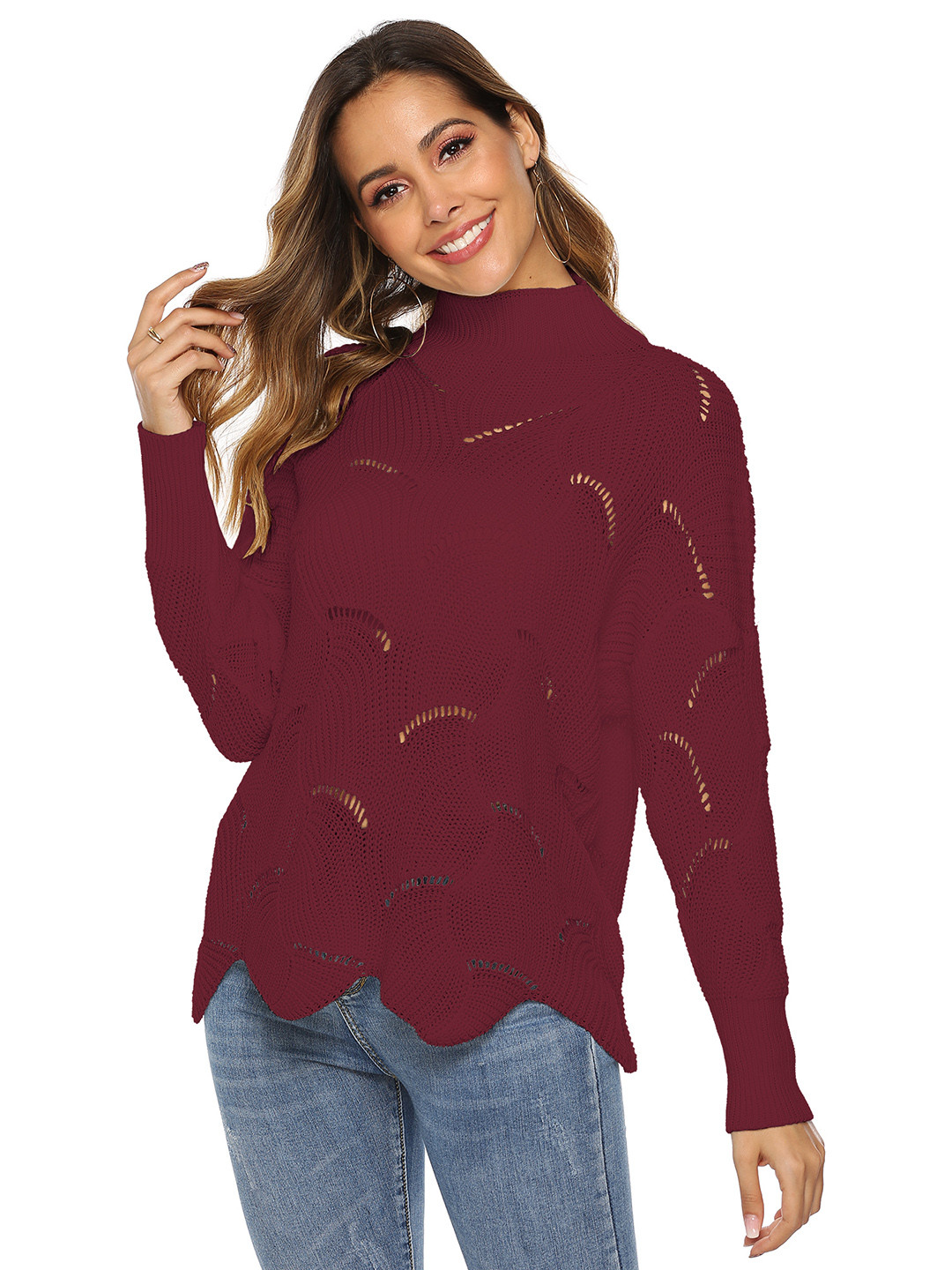 

URBANIC Women Maroon Open Knitted Pullover