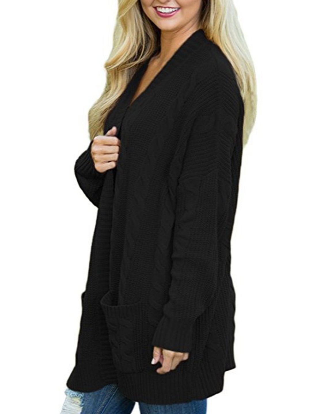 

URBANIC Women Black Cable Knit Longline Front-Open Sweater