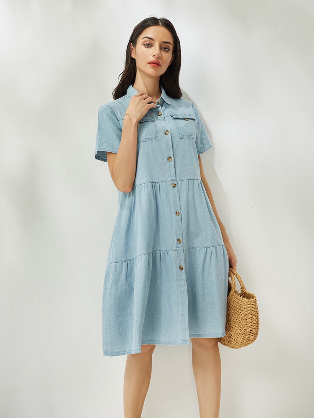 

URBANIC Women Blue Solid Relaxed Fit Tiered Cotton Denim Shirt Dress