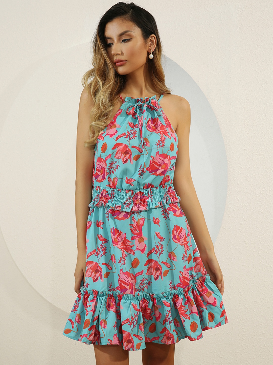 

URBANIC Blue & Pink Floral Halter Neck A-Line Dress