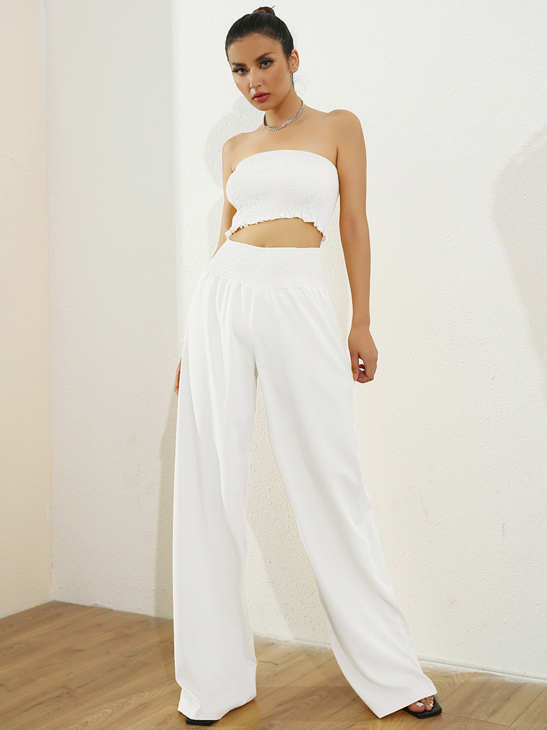 

URBANIC White Solid Smocked Detail Strapless Two-Piece