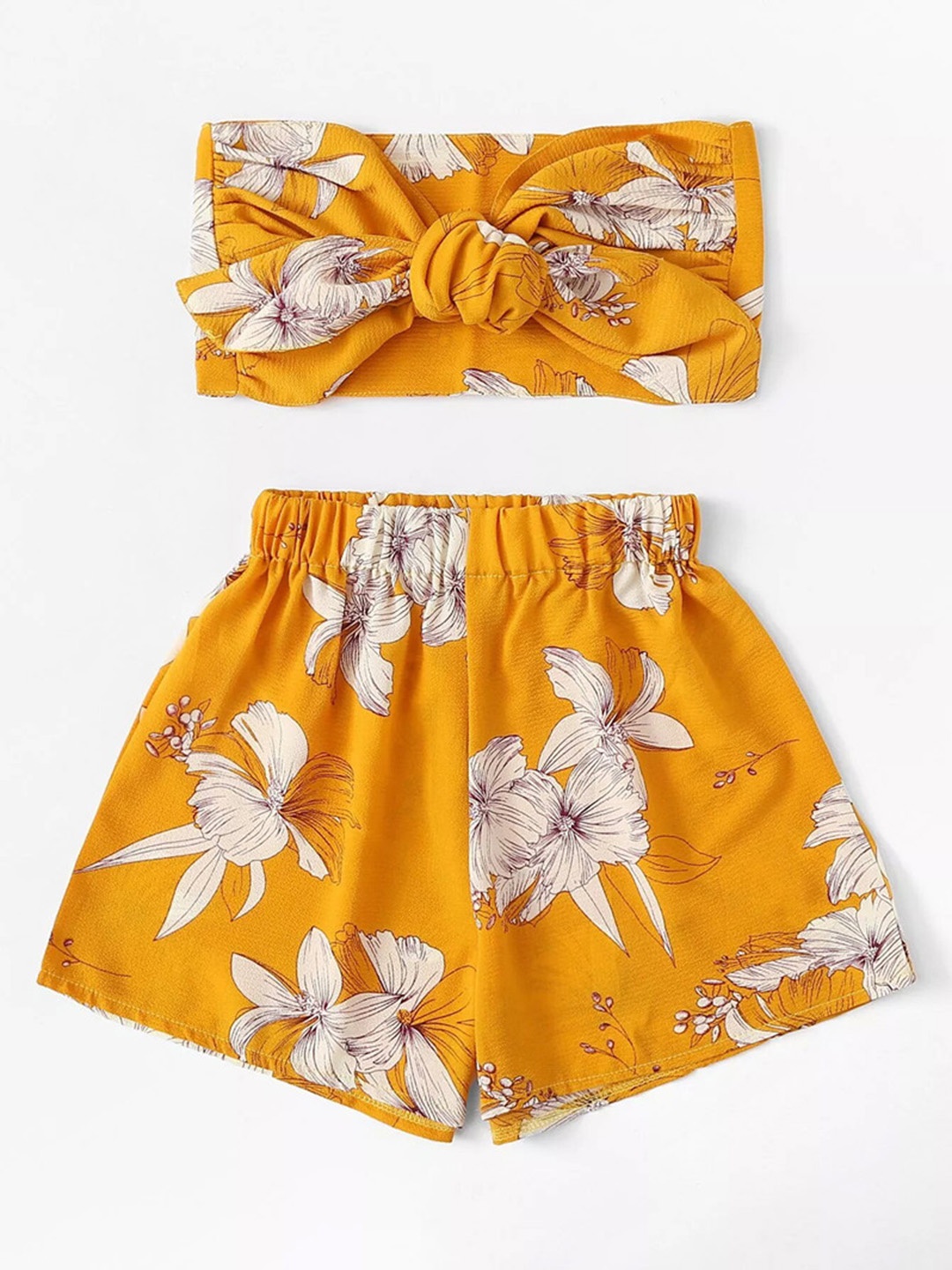 

URBANIC Women Mustard Yellow & White Floral Print Two-Piece Top with Shorts