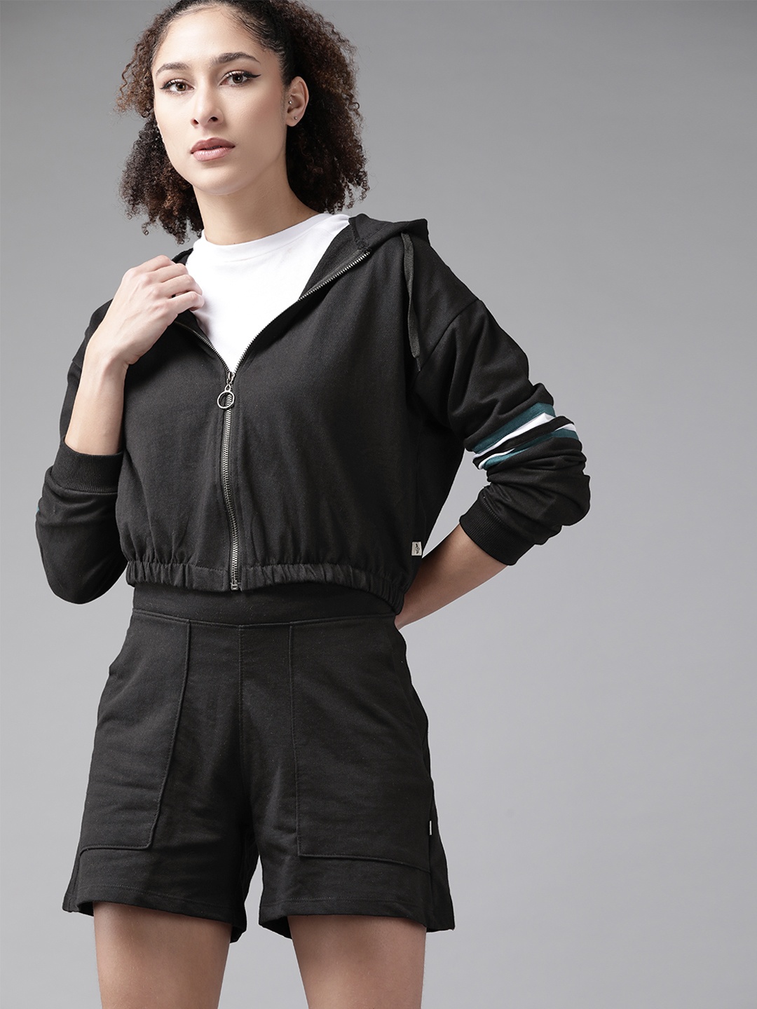 

Roadster Women Black Solid Sweatshirt with Shorts