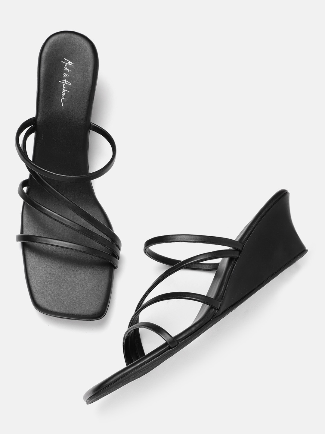 

Mast & Harbour Black Solid Strappy Wedges