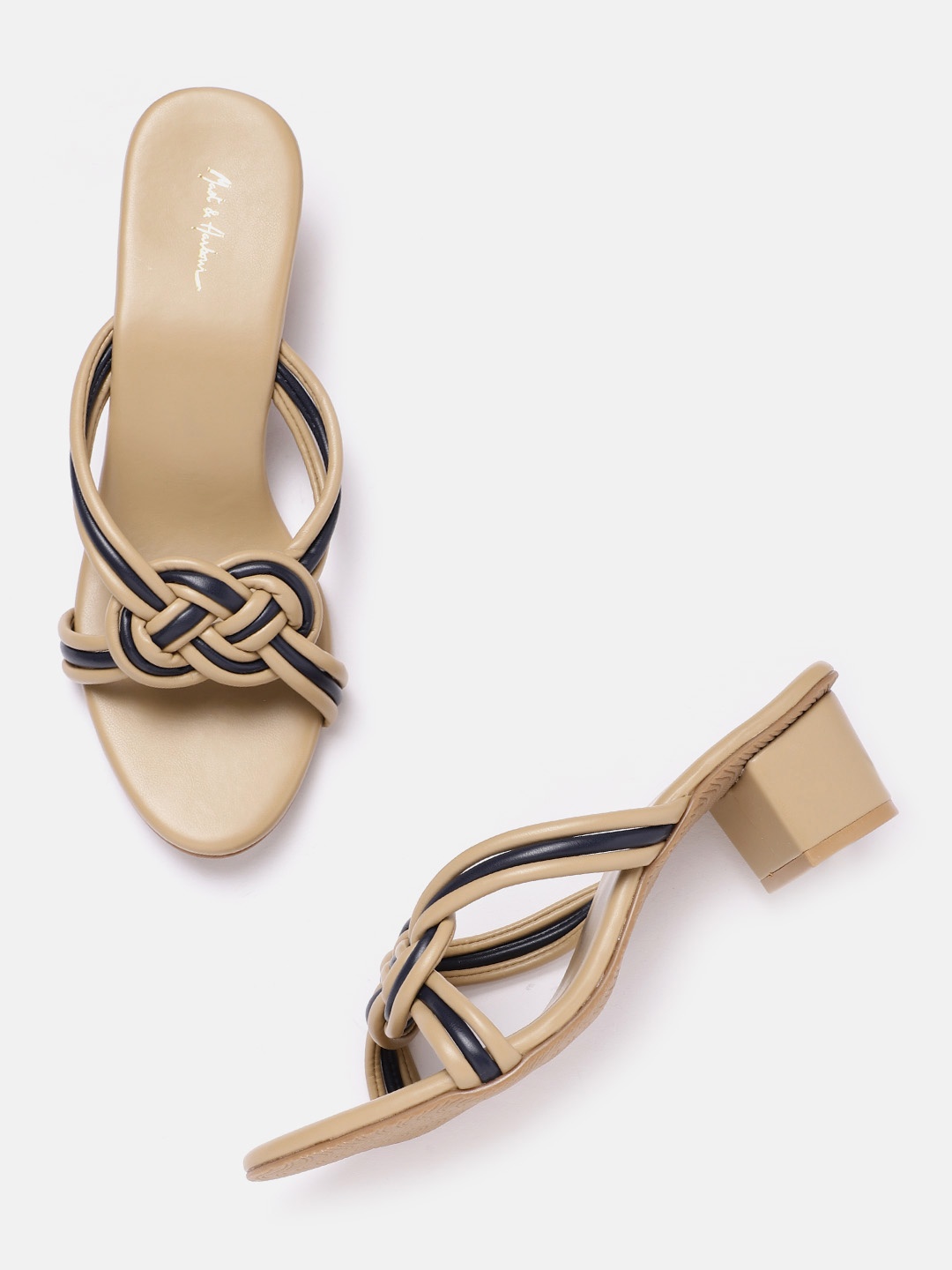 

Mast & Harbour Beige & Navy Blue Stripes Strappy Knot Block Heels
