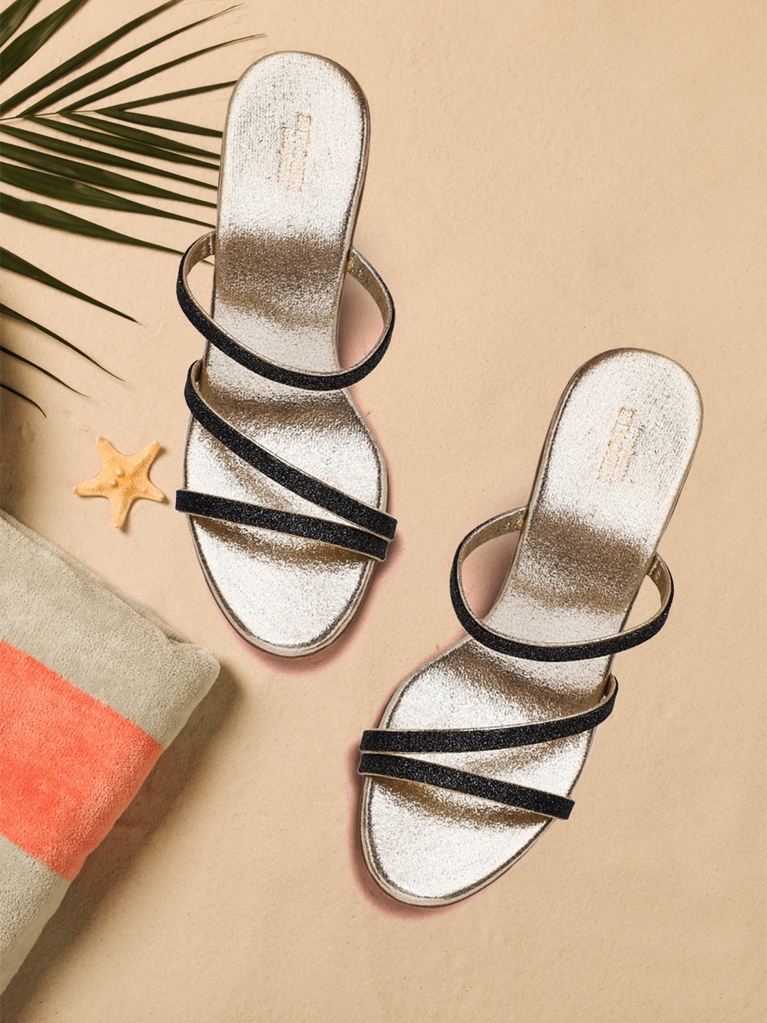 

Anouk Charcoal Grey & Gold-Toned Shimmer Party Open Toe Block Heels