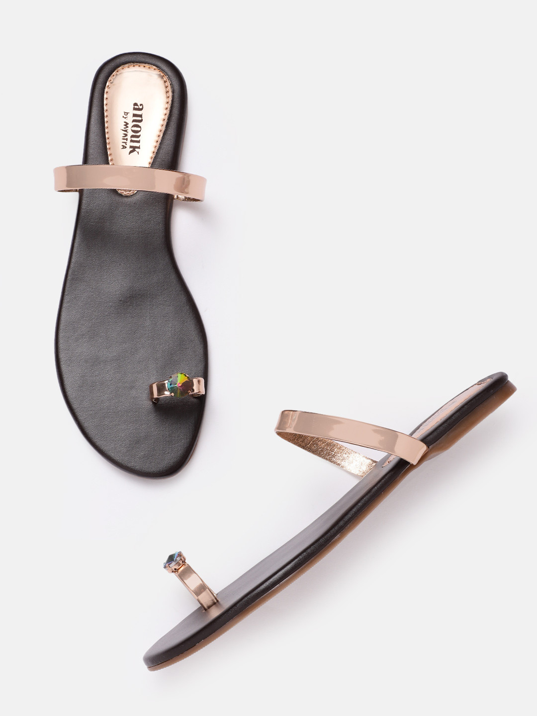 

Anouk Women Rose Gold-Toned Solid One Toe Flats with Stone Studded Detail