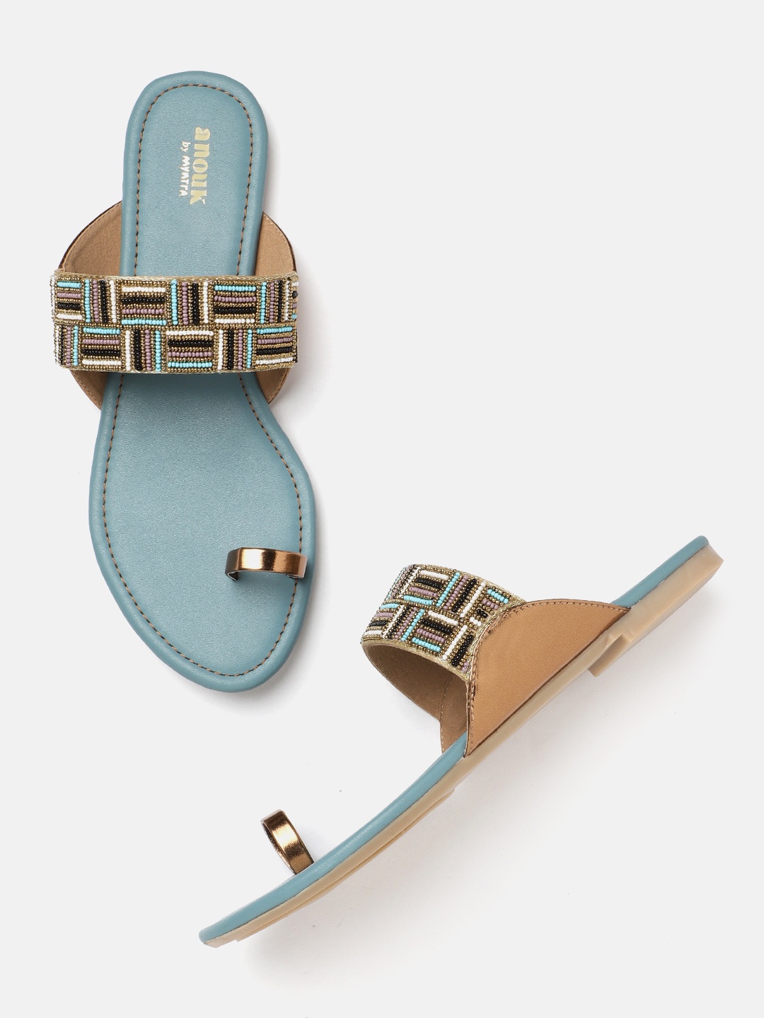 

Anouk Women Blue & Rose-Gold Toned Beaded One-Toe Flats