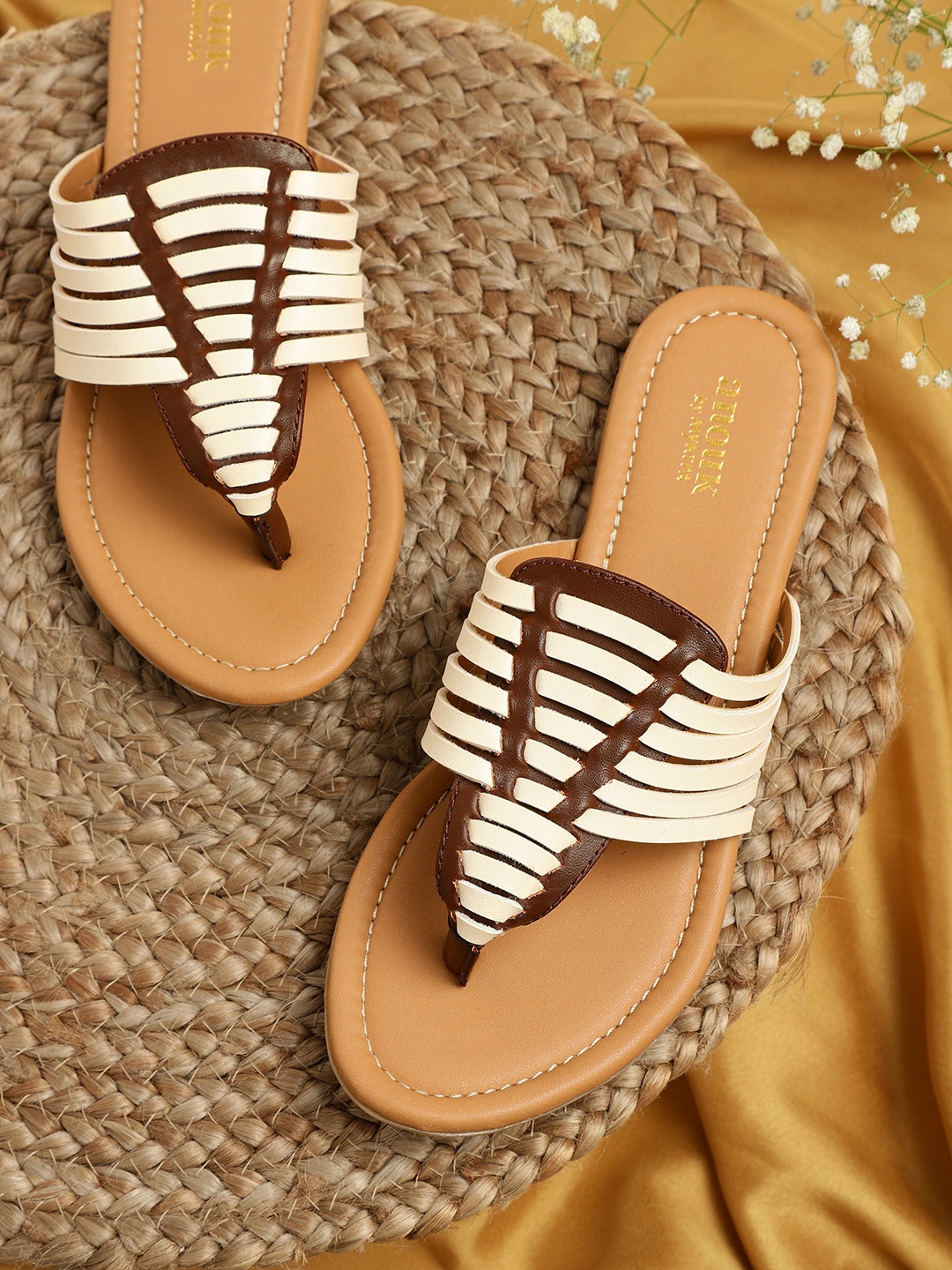 

Anouk Women White & Brown Colourblocked T-Strap Flats