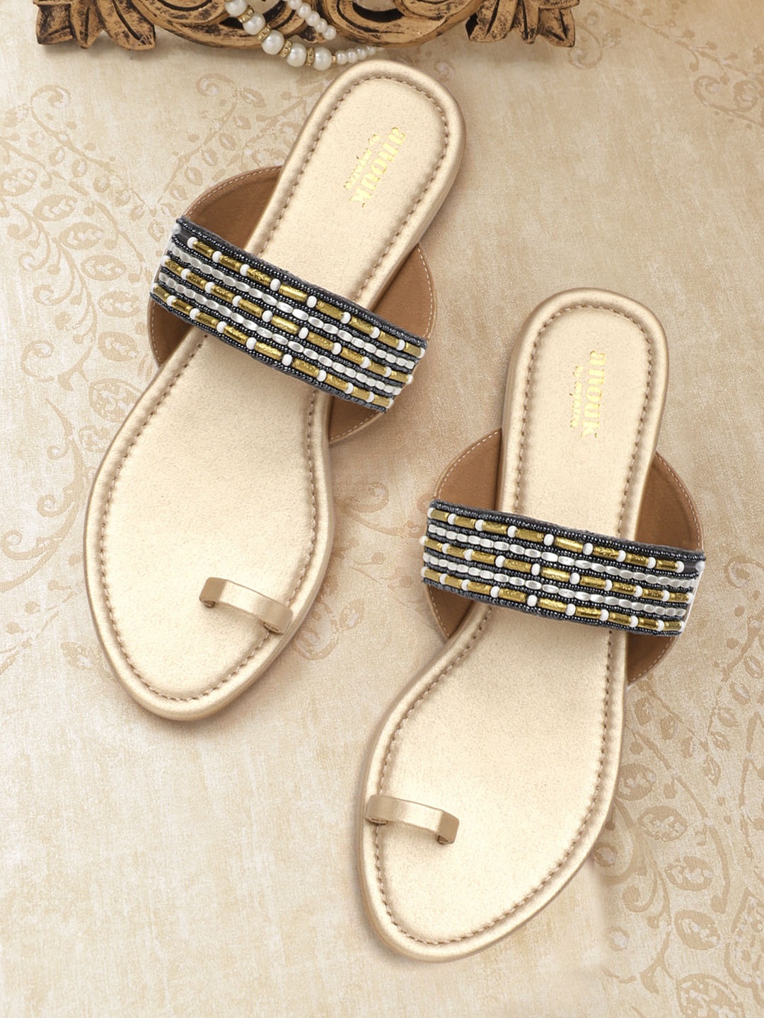 

Anouk Women Gold-Toned & Charcoal Grey Embellished One Toe Flats