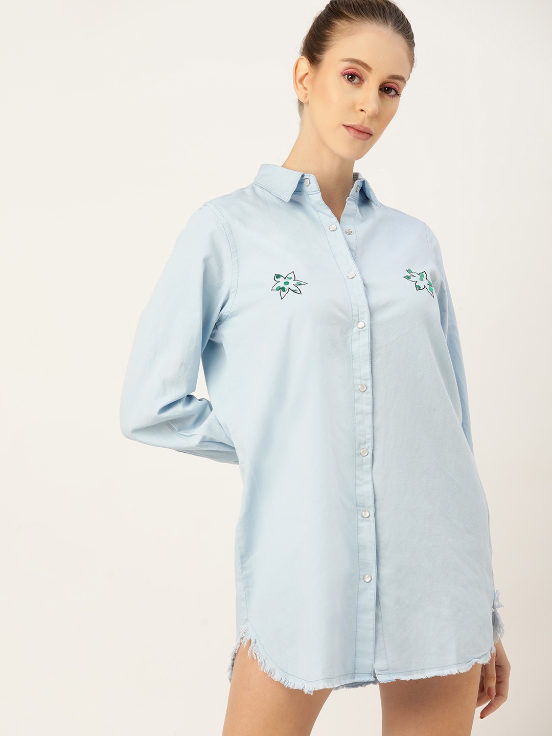 

Kook N Keech Blue Back Design Floral Embroidered Denim Shirt Mini Dress