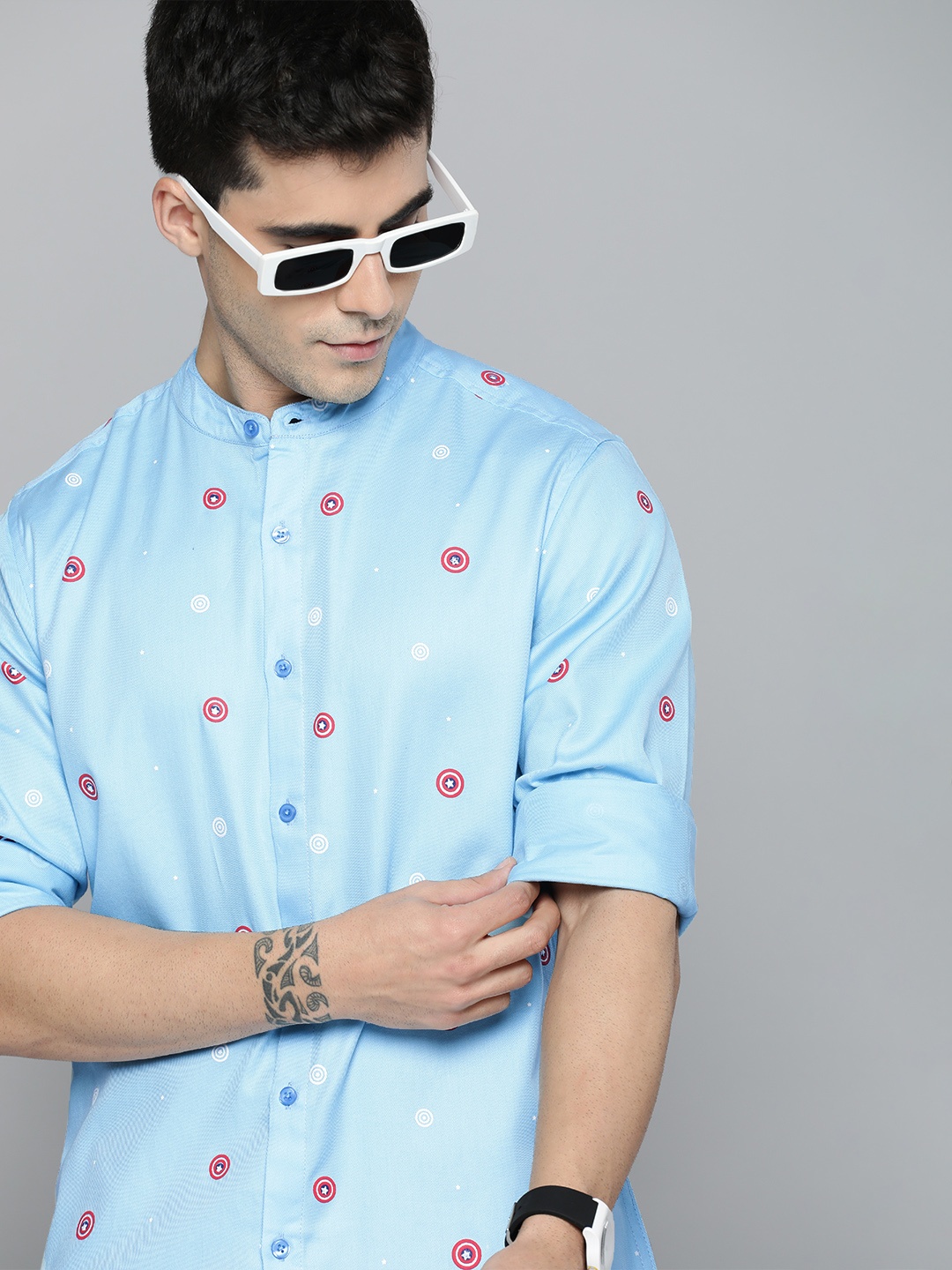 

Kook N Keech Marvel Men Turquoise Blue Printed Pure Cotton Casual Shirt