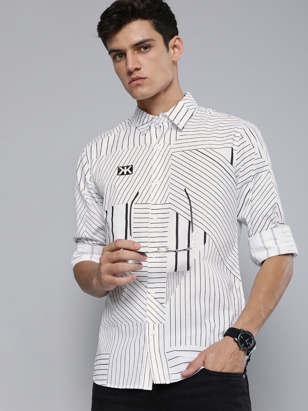 

Kook N Keech Men Black and White Multi Stripes Casual Shirt