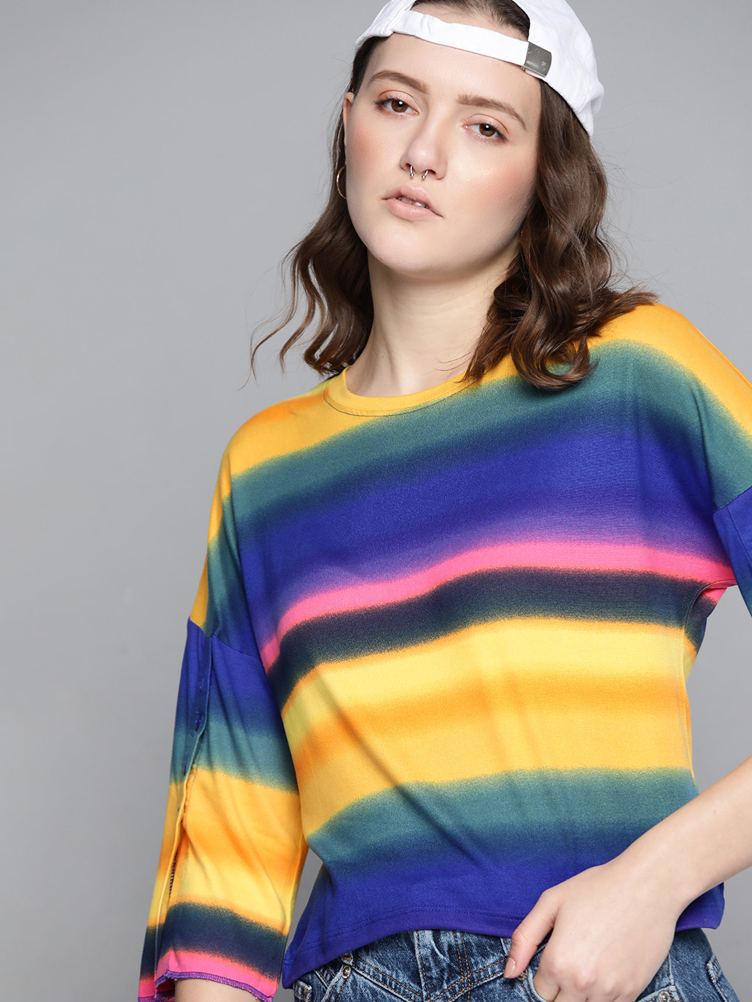 

Kook N Keech Women Mustard Yellow & Blue Tie and Dye Striped Extended Sleeves T-shirt