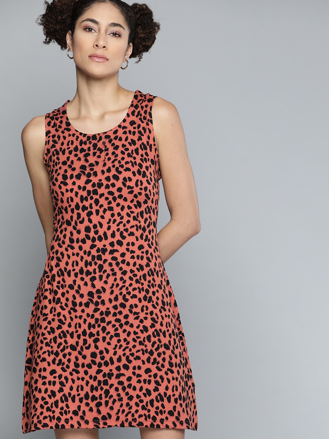 

Kook N Keech Peach-Coloured & Black Animal Print A-Line Dress