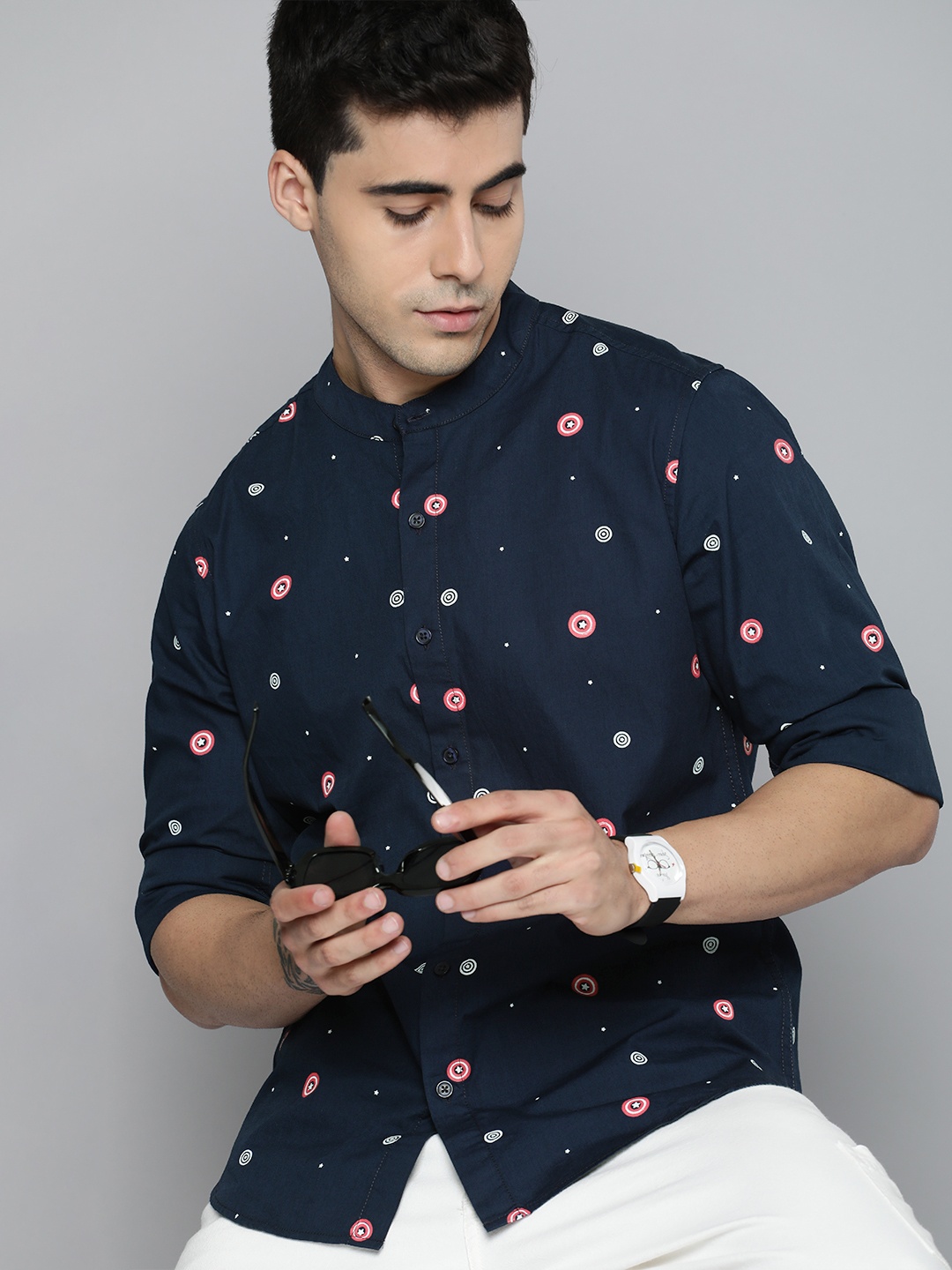 

Kook N Keech Marvel Men Navy Blue Printed Pure Cotton Casual Shirt