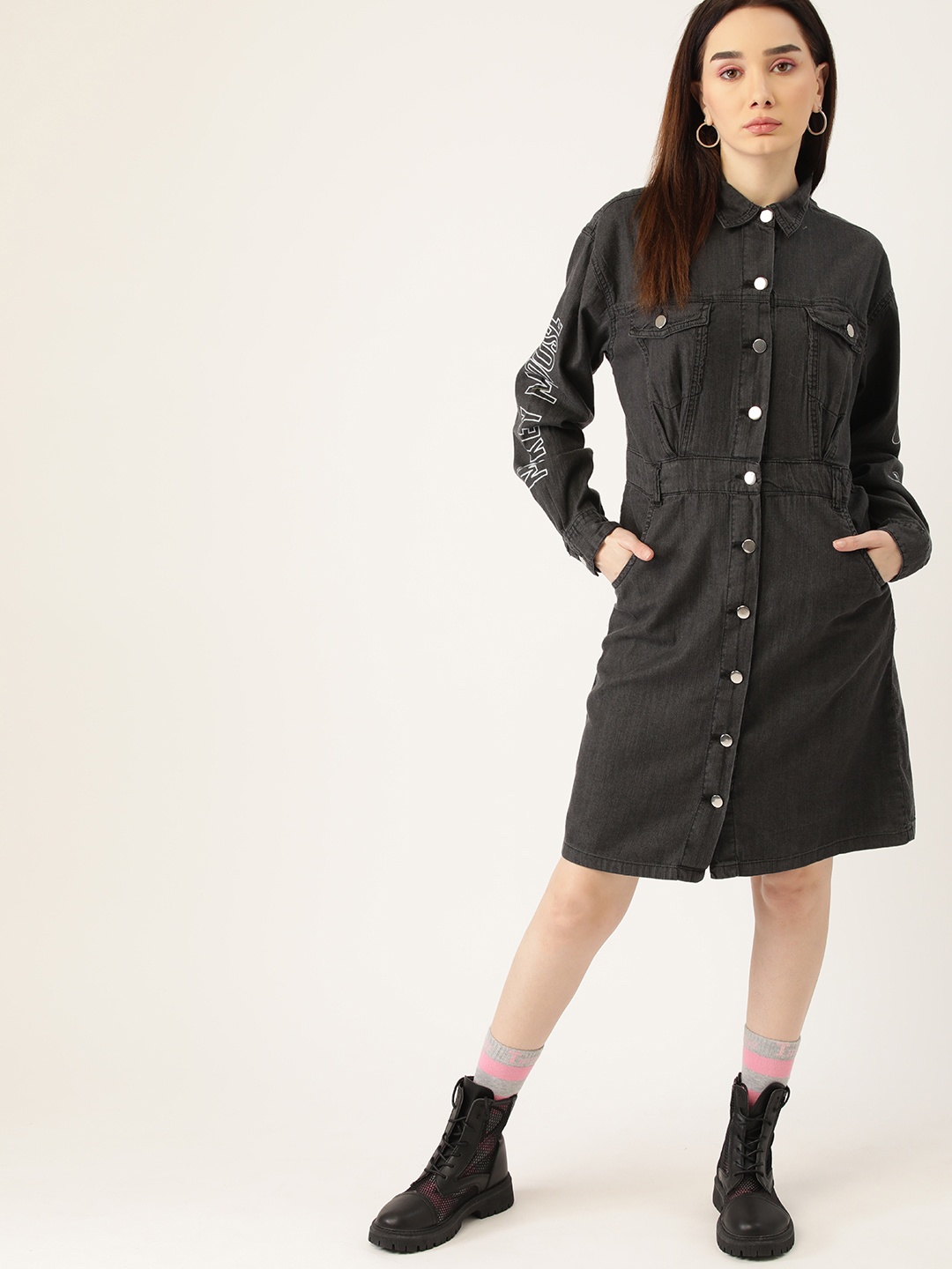 

Kook N Keech Disney Charcoal Grey Pure Cotton Mickey Mouse Print Denim Shirt Dress