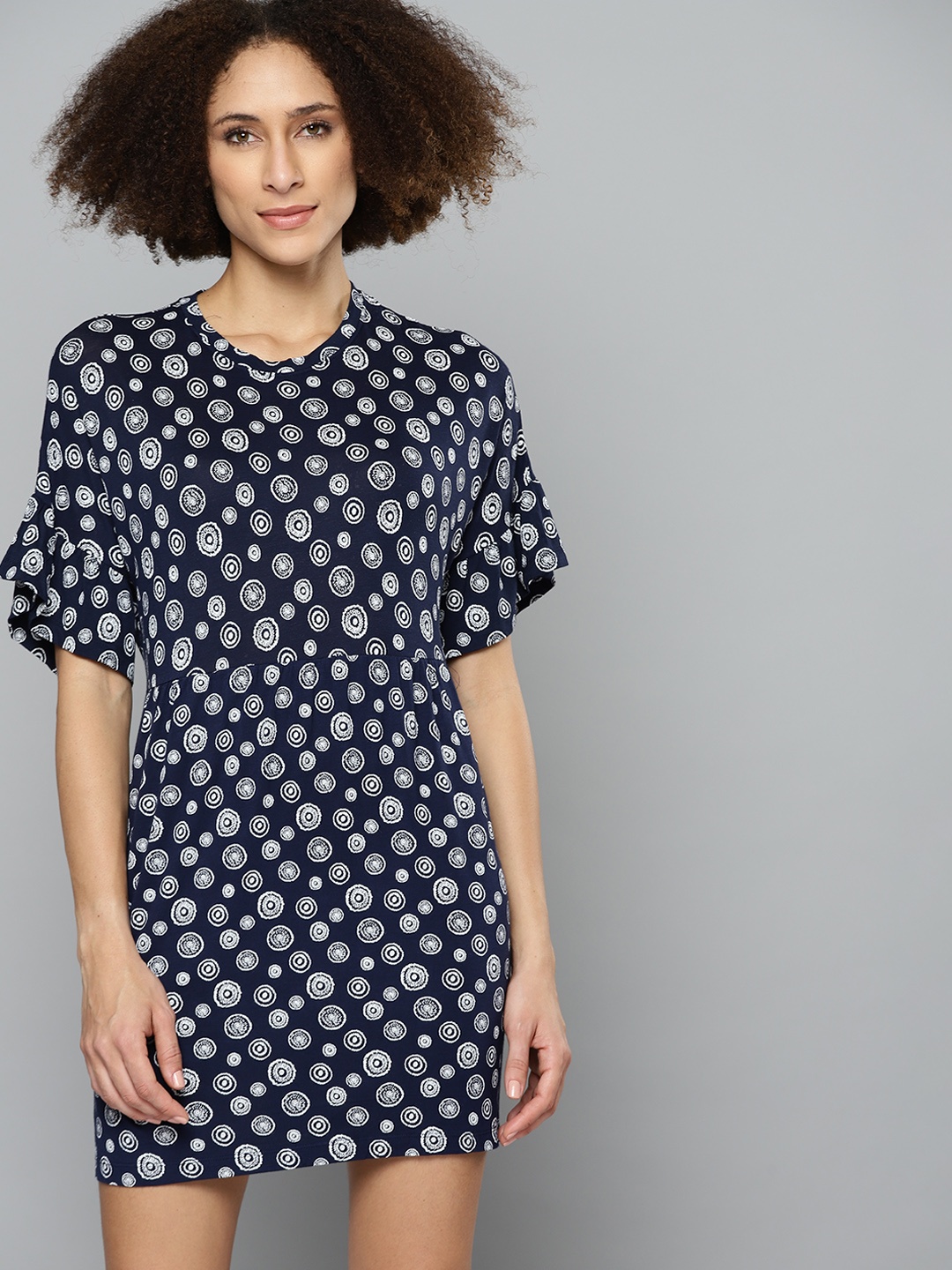 

Kook N Keech Navy Blue & White Geometric Print Gathered Bell Sleeves A-Line Dress