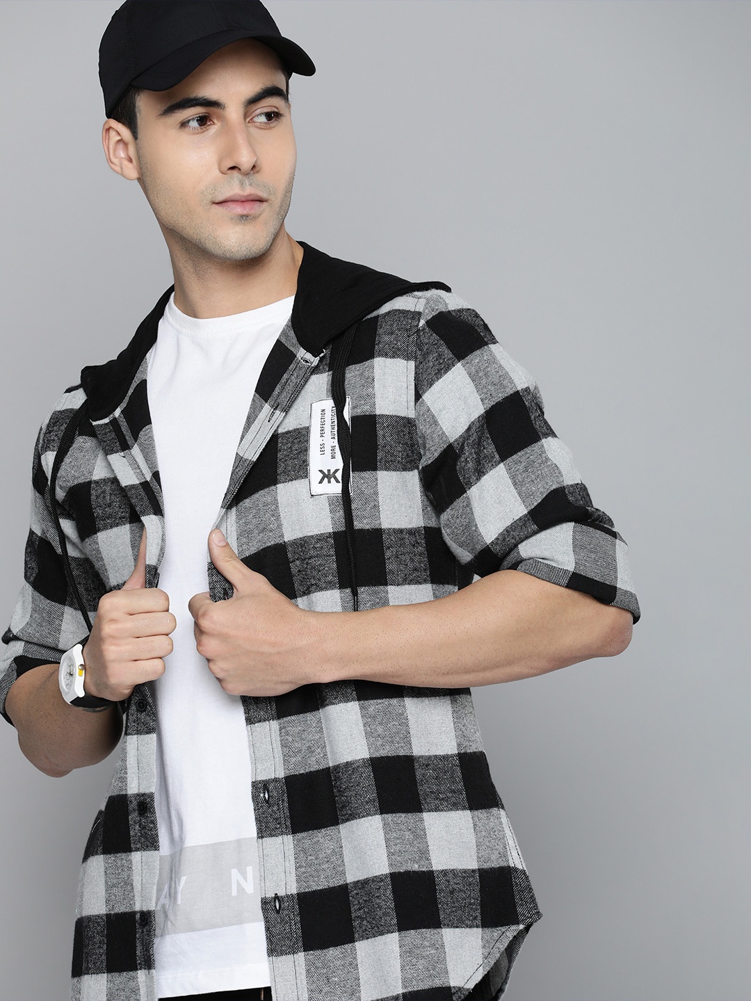 

Kook N Keech Men Black & White Checked Oversized Pure Cotton Hooded Casual Shirt