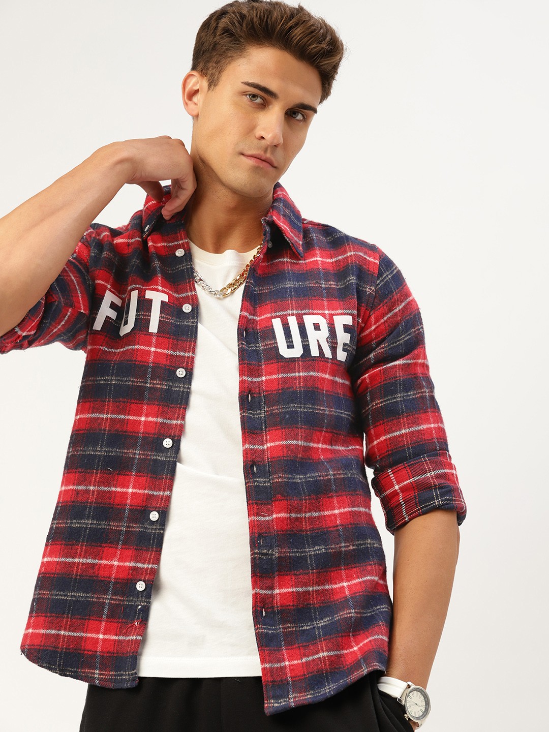 

Kook N Keech Men Red & Navy Blue Checked Pure Cotton Casual Shirt