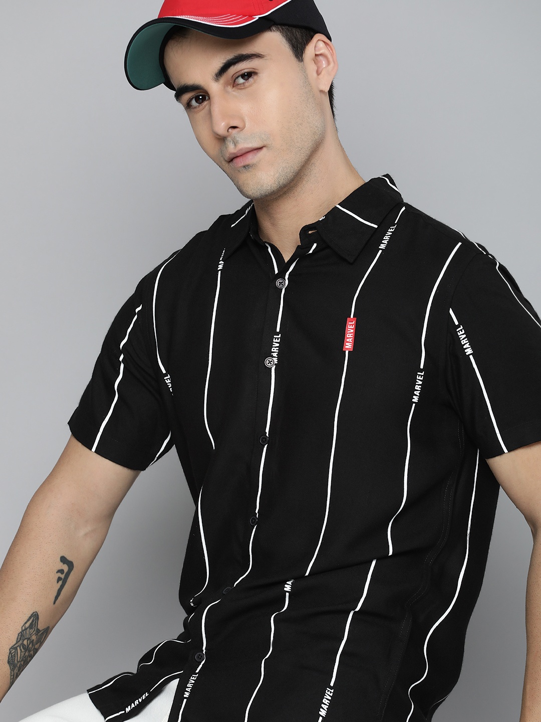 

Kook N Keech Marvel Men Black Slim Fit Striped Casual Shirt