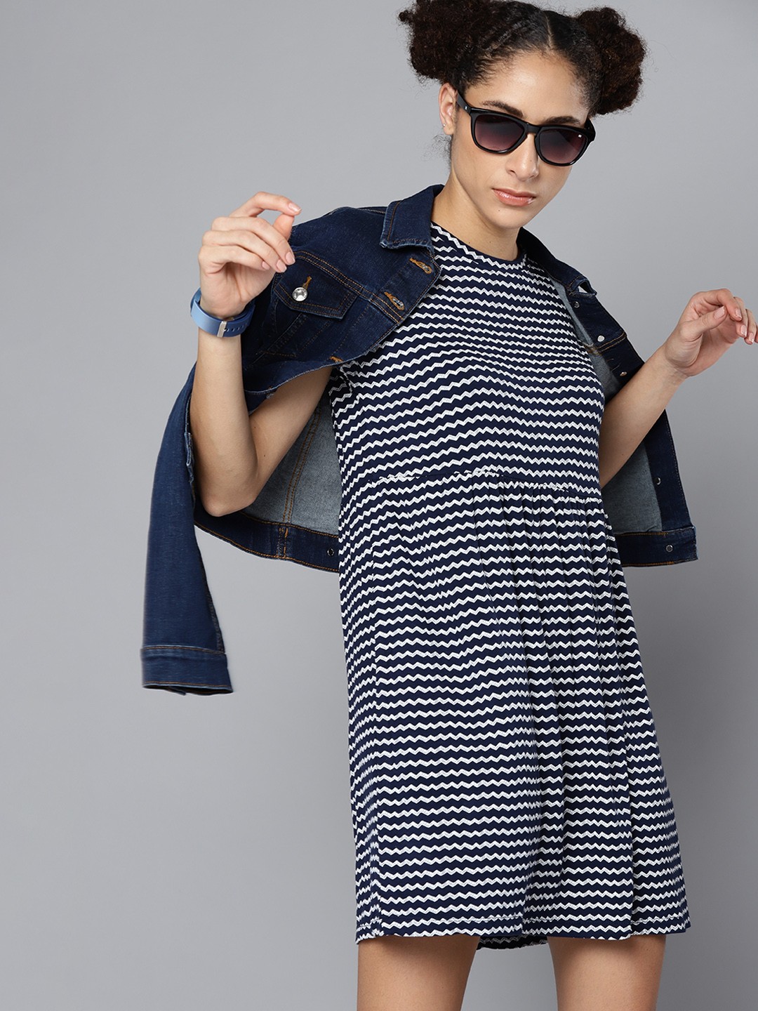 

Kook N Keech Women Navy Blue & White Chevron Print A-Line Dress