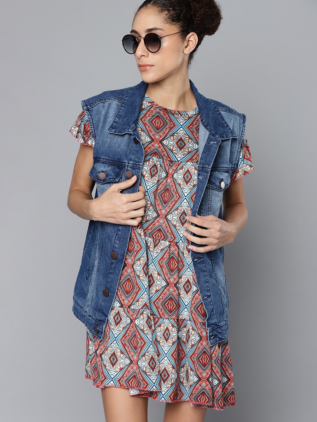 

Kook N Keech Women Coral Orange & Blue Ethnic Motifs Print A-Line Dress