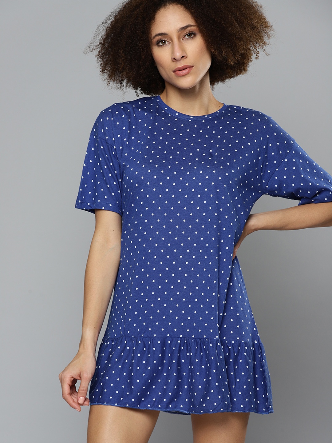 

Kook N Keech Blue & White Polka Dots Print Pure Cotton A-Line Mini Dress