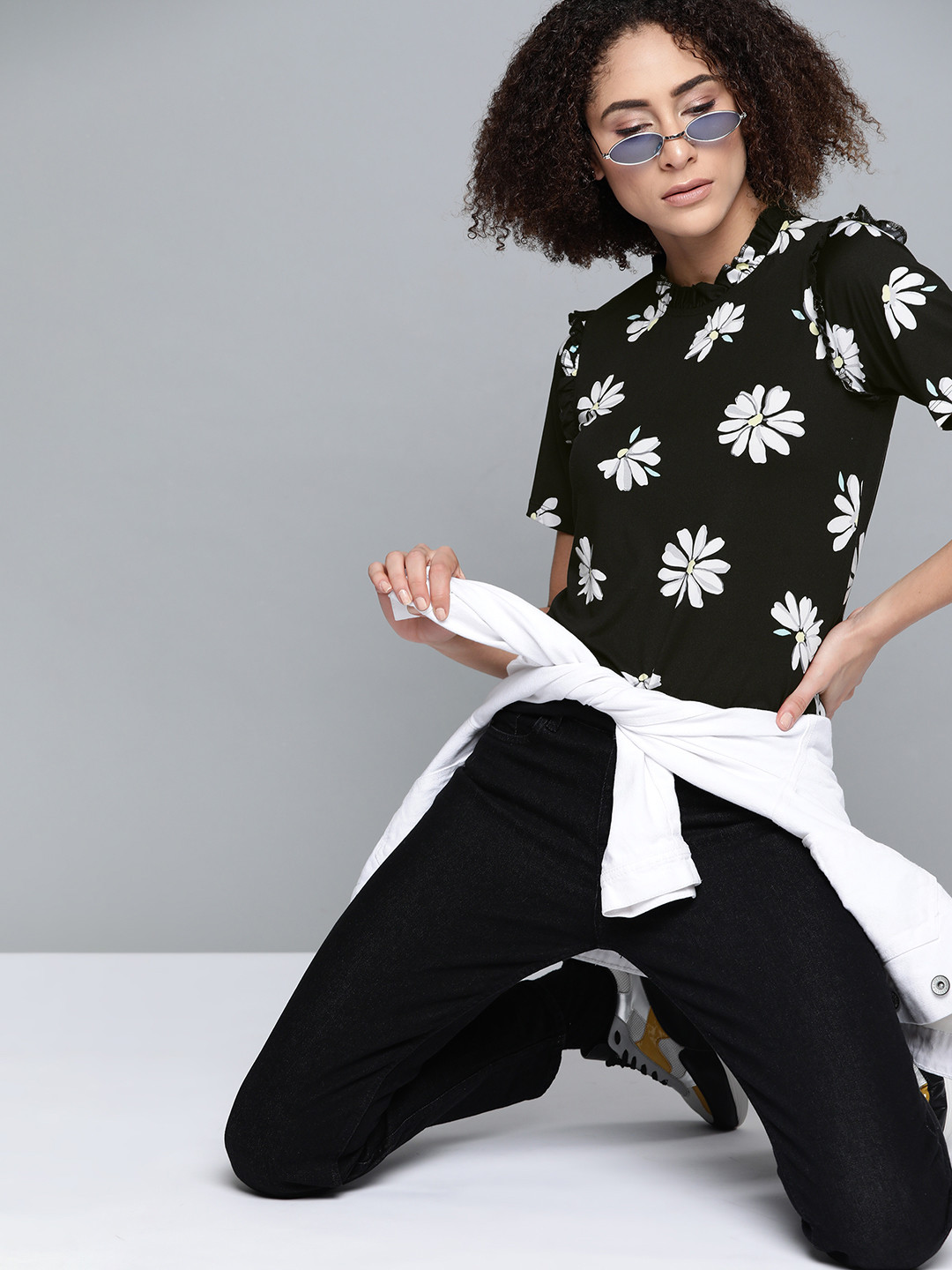 

Kook N Keech Black & White Floral Print Ruffles Regular Top