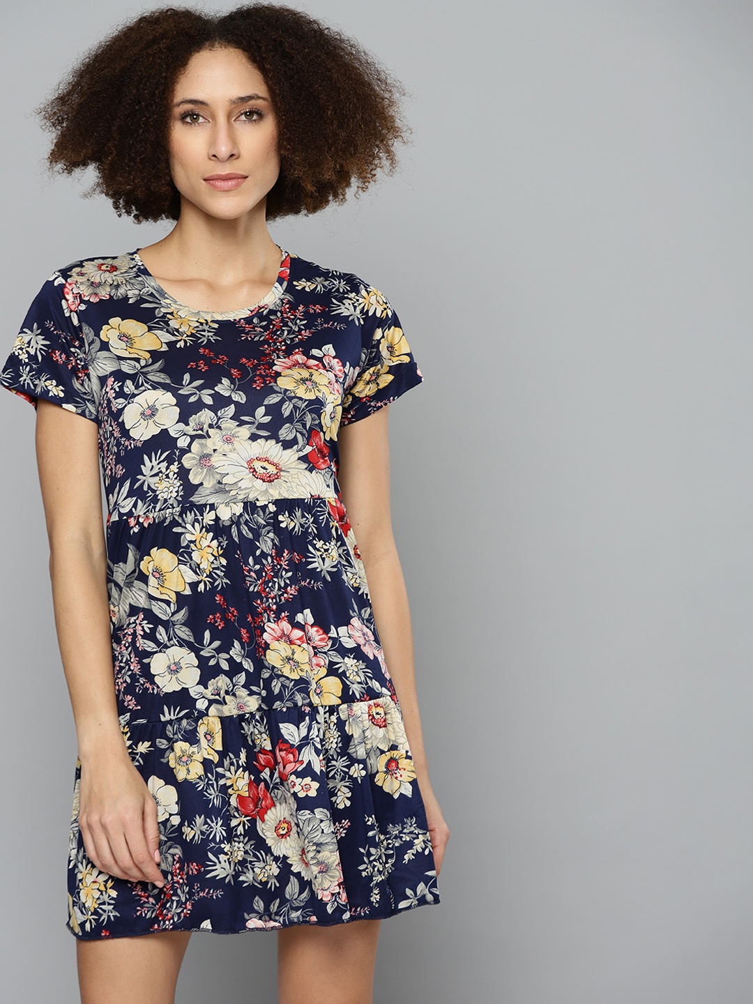 

Kook N Keech Navy Blue & Olive Green Floral Print Tiered Gathered A-Line Dress